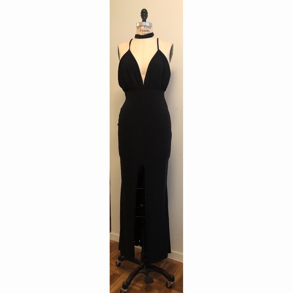 Deep Plunge Neck Detail Black Maxi Dress